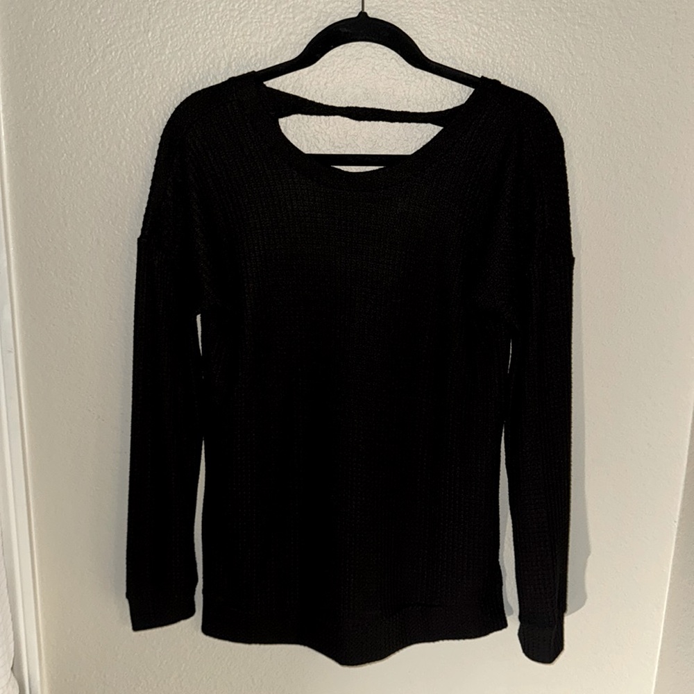 For the Republic Black Waffle Knit Cutout Back Top - Size: Small